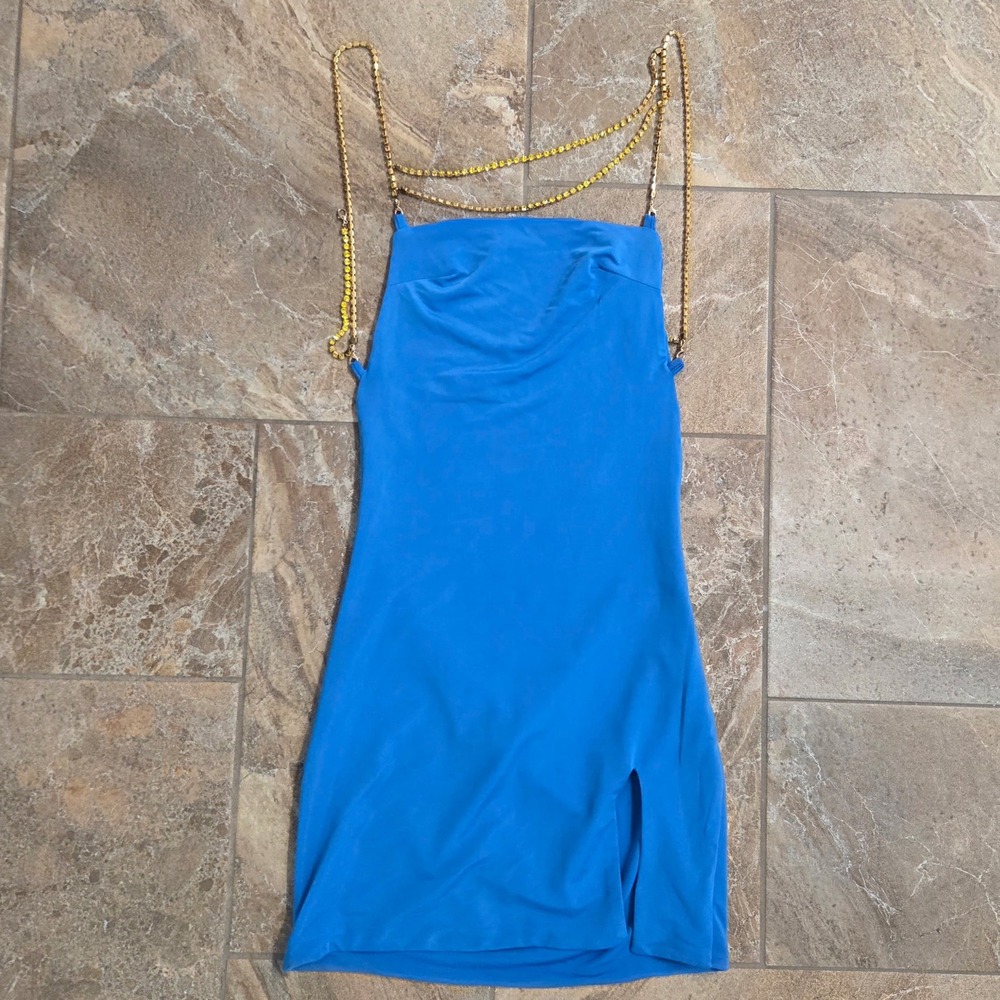 Matte Brand x‎ Love by Tanya Blue Rhinestone Chain Strap Mini Dress XS